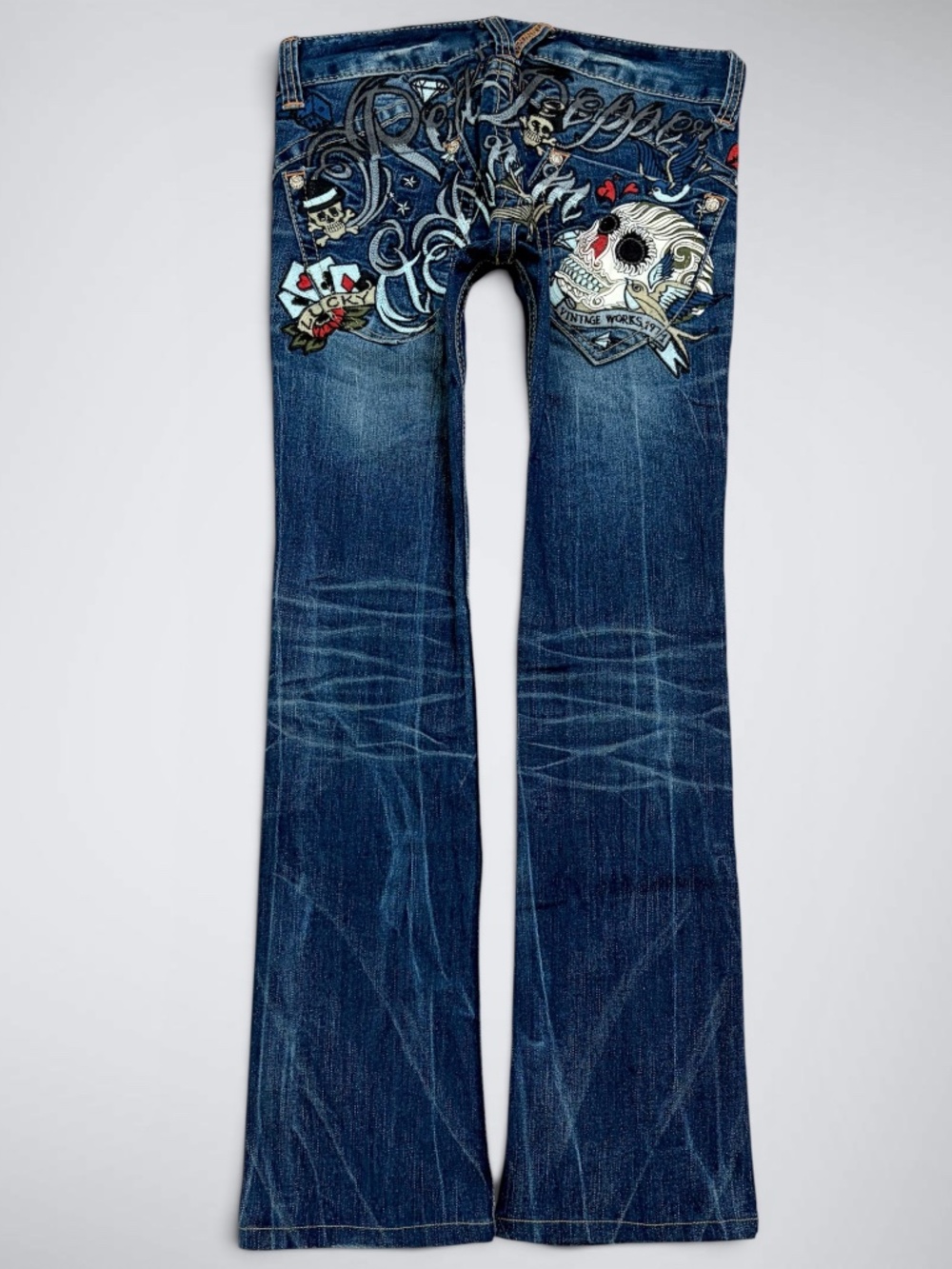 RARE VTG Red Pepper Japanese Denim Ultra Low Rise Slim Boot Jeans | Tattoo Skull